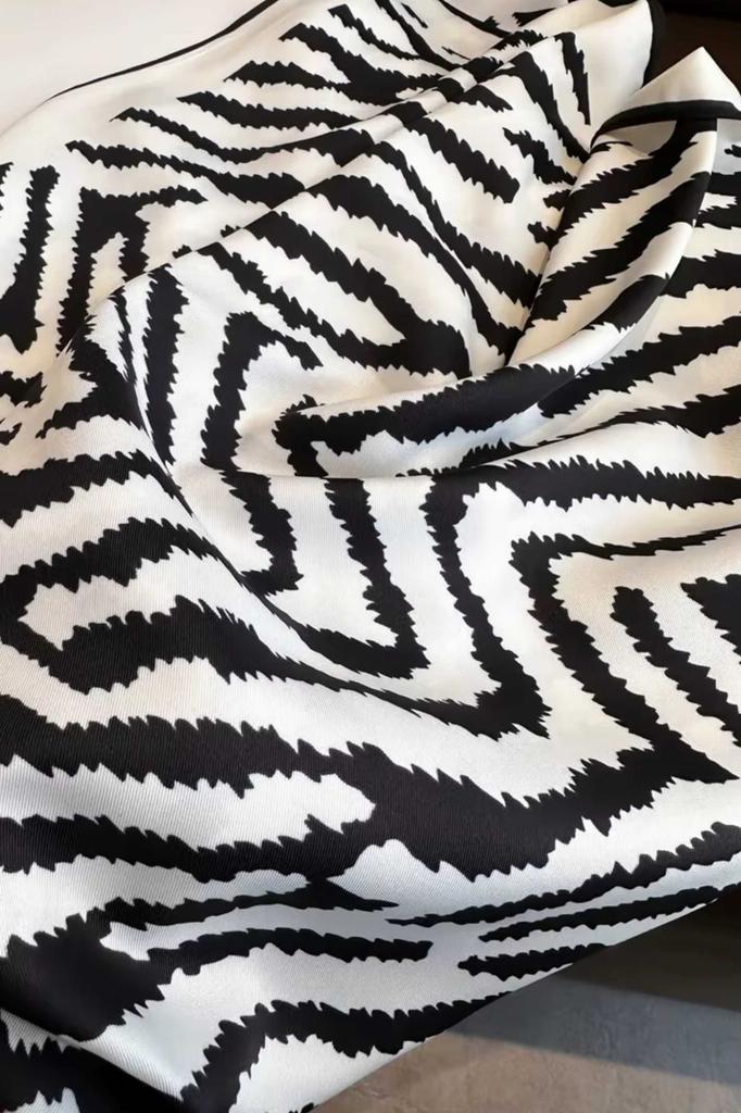 Women' Scarf 90X90 "Zebra Chic" - Black and White Scarf with Animal Pattern, Imitation Silk