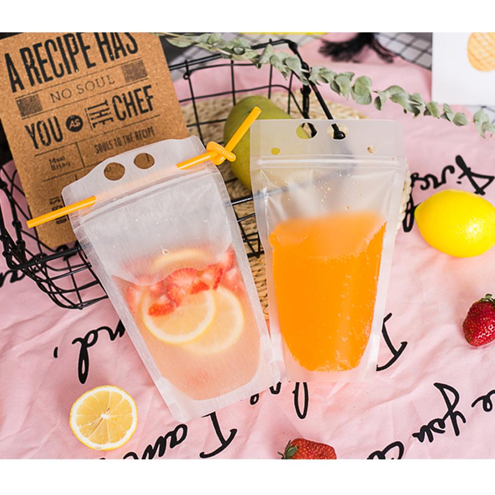 50Pcs Clear Plastic Drinking Packaging Bag Food Fresh Keeping Transparent Beverage Juice Milk Coffee Pouch Zip Bag with Straw