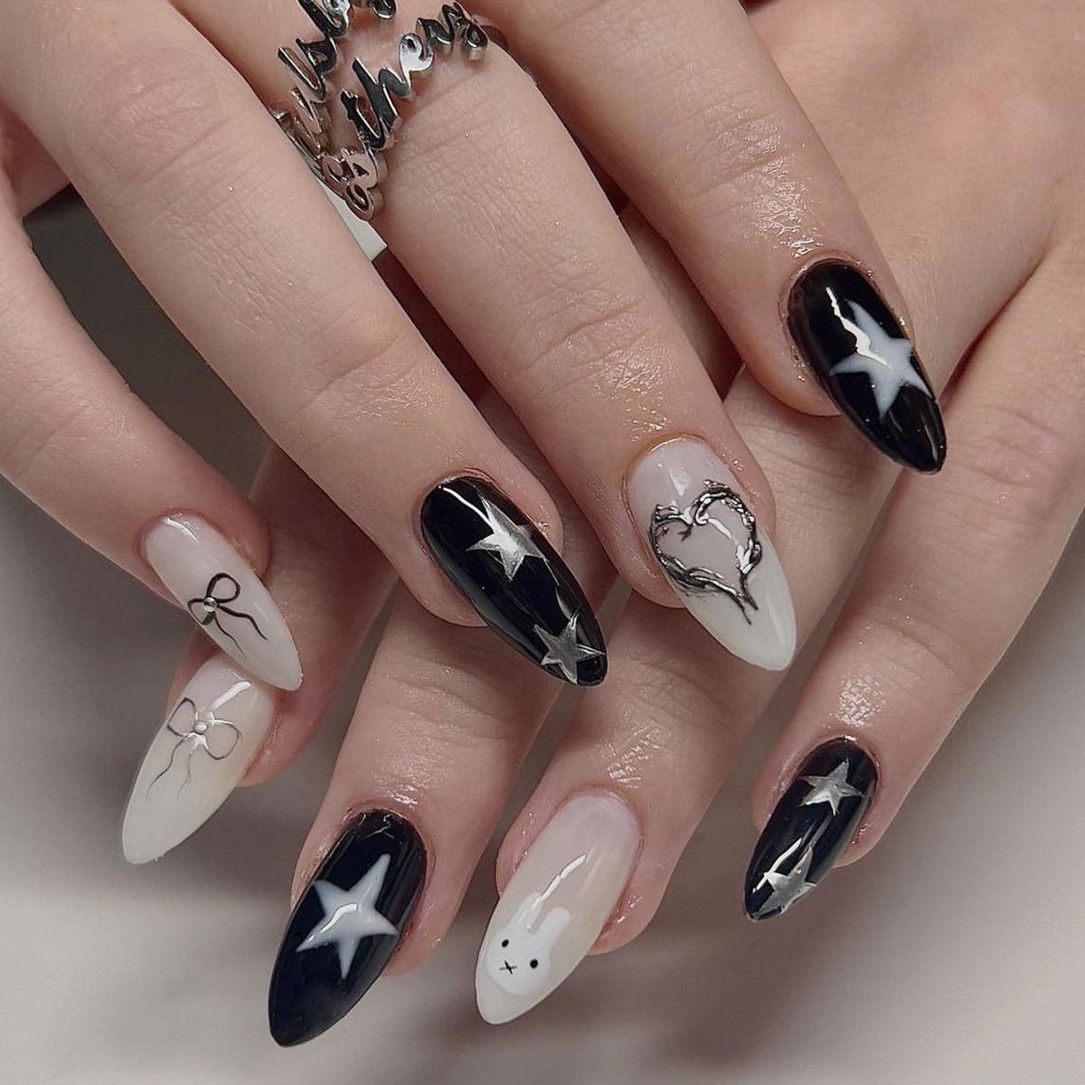 

Wearable Black & White False Nails with Silver Star, Heart, and Bow Designs