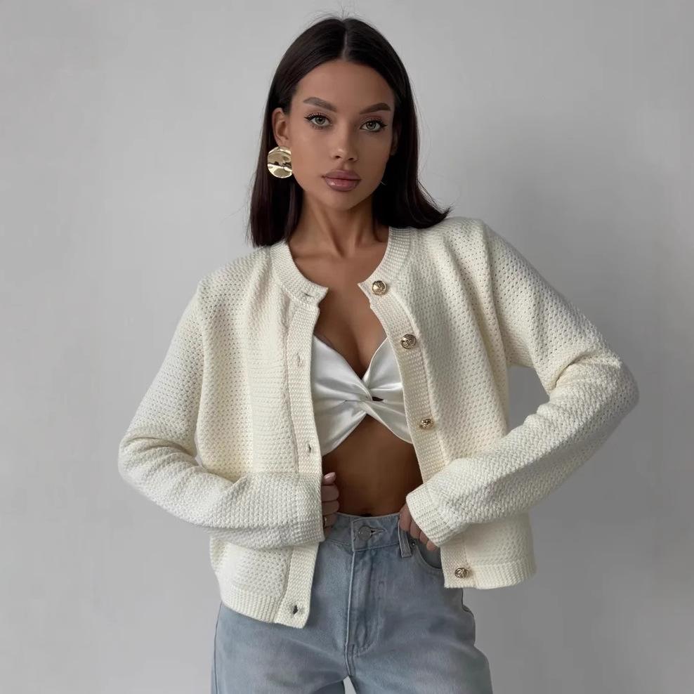 Beige Short Knit Cardigan with Gold Buttons