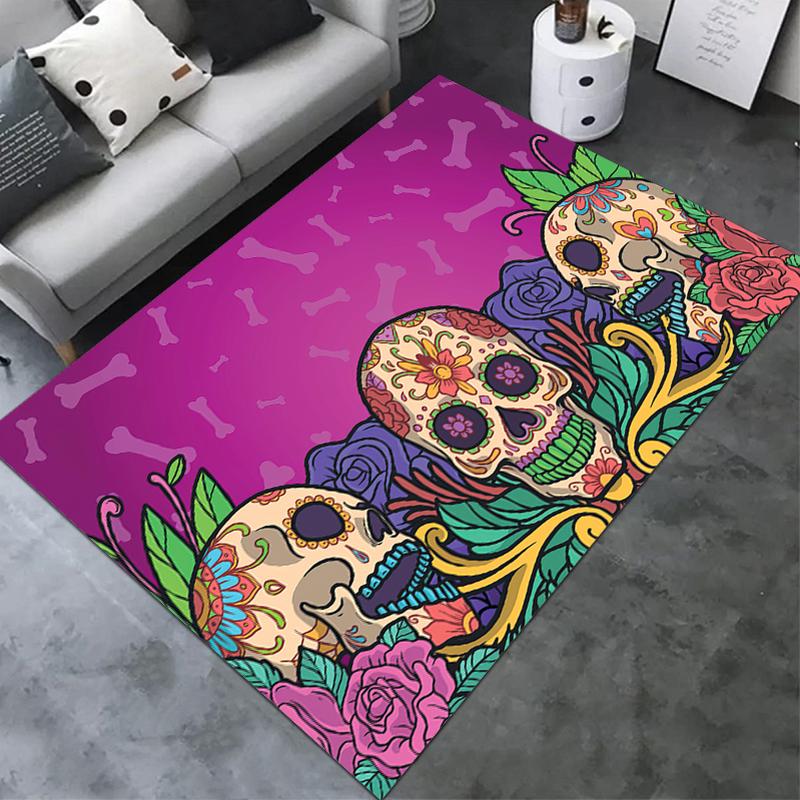 1 Stück Schädel Dunkel Gotisches Muster bedruckter Teppich für Wohnzimmer Schlafzimmer Zuhause Sofa Dekoration, Rutschfeste Fußmatte Bodenmatte