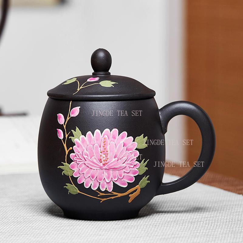 460ml Yixing purple clay tea cup handmade painting, large capacity with lid, office drinking water and tea cup 460