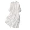 Lockeres einfarbiges Baumwoll-Leinen-Maxikleid mit weitem Schwingrock Damen Sommer Neu Urlaubsstil V-Ausschnitt Dreiviertelärm Temperamentkleid