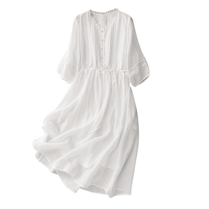 Lockeres einfarbiges Baumwoll-Leinen-Maxikleid mit weitem Schwingrock Damen Sommer Neu Urlaubsstil V-Ausschnitt Dreiviertelärm Temperamentkleid