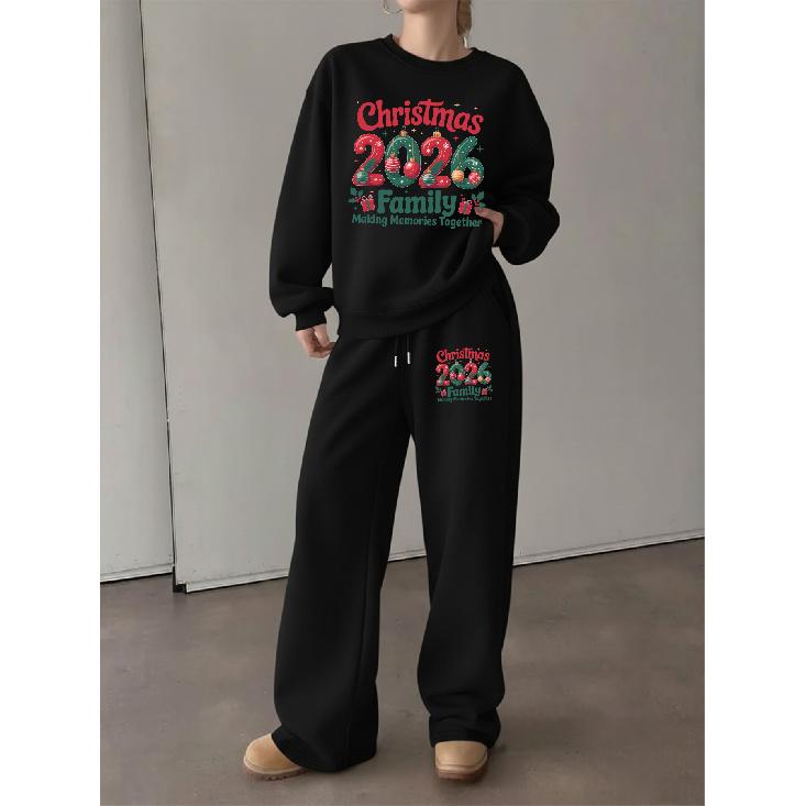 Women's Crewneck Sweatshirt & Drawstring Straight-Leg Pants 2-Piece Set, Christmas 2026 Family Theme Print, Casual Cozy Holiday Outfit