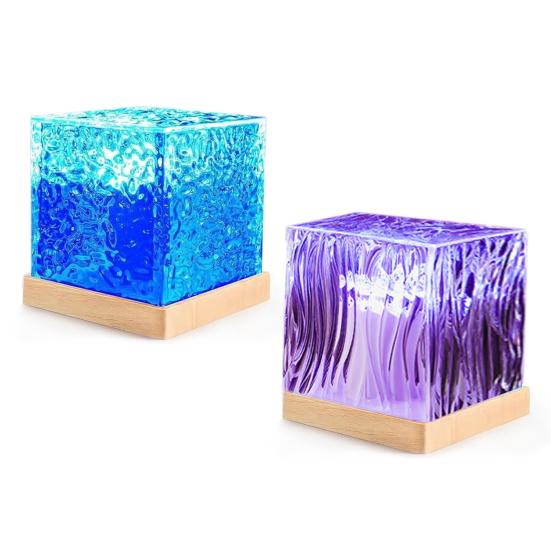 Ocean Wave Projector Lamp Night Light Remote Control 16-Colors Gradual Rotating Flame Water Lamp with Wooden Base
