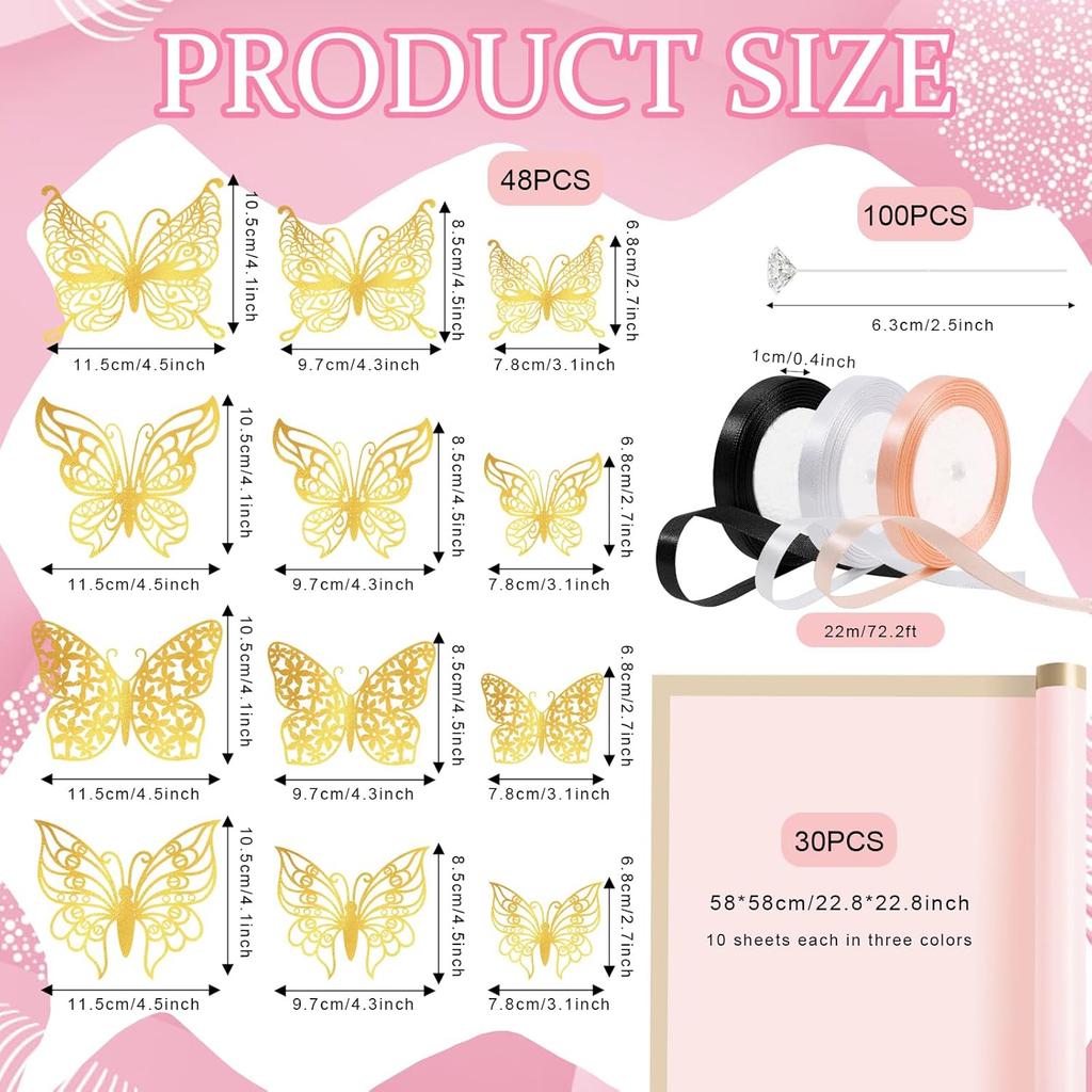 181Pcs Flower Wrapping Bouquet Paper Set with 30 Sheet Floral Wrapping Paper 48Pcs 3D Gold Butterfly Decor 100Pcs Bouquet Corsages Pins 4 Roll