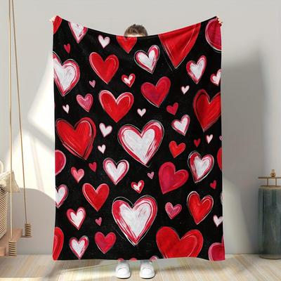 1pc Valentines Day Heartpatterned Blanket Polyester Fabric Machine Washable Suitable for Bedroom and Living Room Decoration