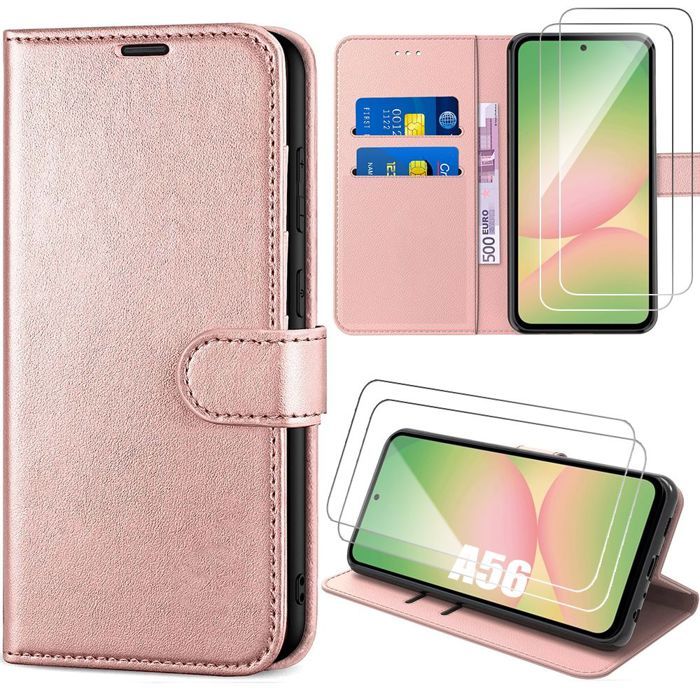 Coque de protection - BOOLING - pour Samsung Galaxy A56 5G - Cuir Synthétique Rose - 2 Verres Trempés - Antichoc