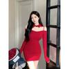 Fashion Sexy Spice Girl Red Long Sleeve Dress Women's Spring Design Sense Slim and Skinny Inner Hip Wrap Skirt
