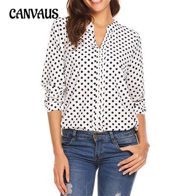Frühling und Herbst Damen Übergröße Hemd Punkte bedruckt V-Ausschnitt Langarm Pull Ärmel lose Bluse