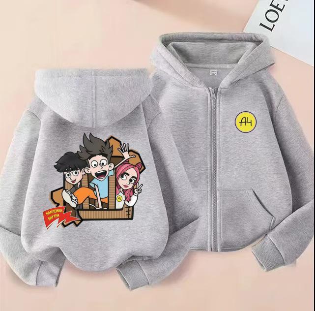 A4 Cartoon Trio Hooded Cardigan for Kids, Double-Sided Print Loose Casual Sweatshirt, Spring/Autumn.