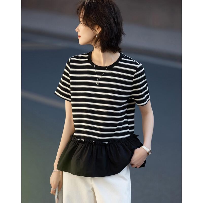 Women s Retro Striped Color-block Short Sleeve T-shirt S