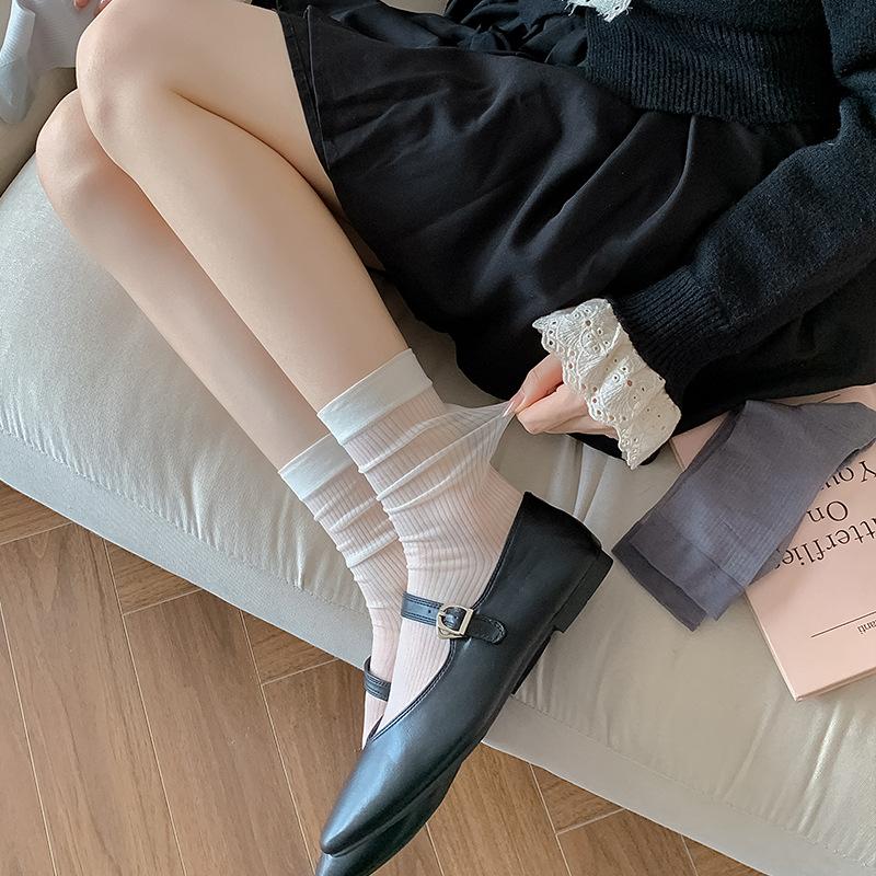 Female Summer Thin Style Breathable Pure Color All Kinds of Vertical Grain Boneless In The Tube Ice Ice Pile Socks