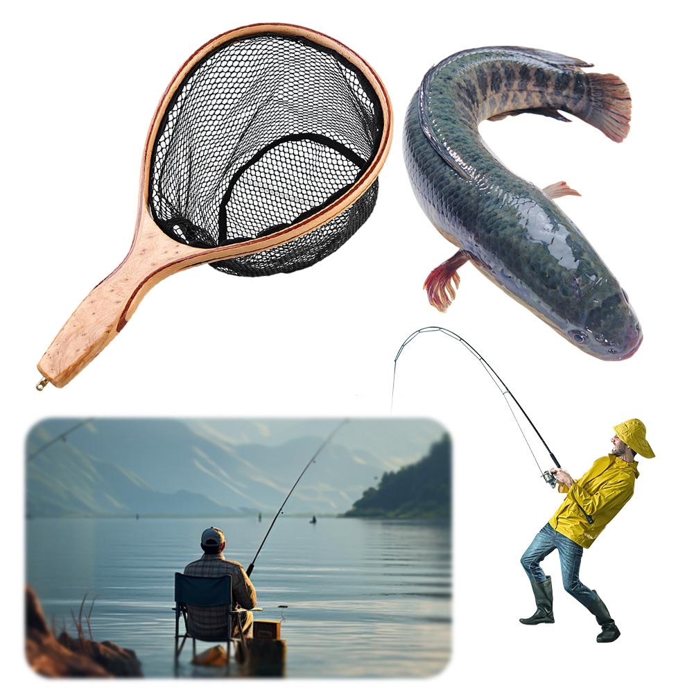 Wooden Handle Fly Fishing Landing Net Soft Rubber Mesh Catch and Release Net Floating Fishing Net Outdoor Fishing Accessories