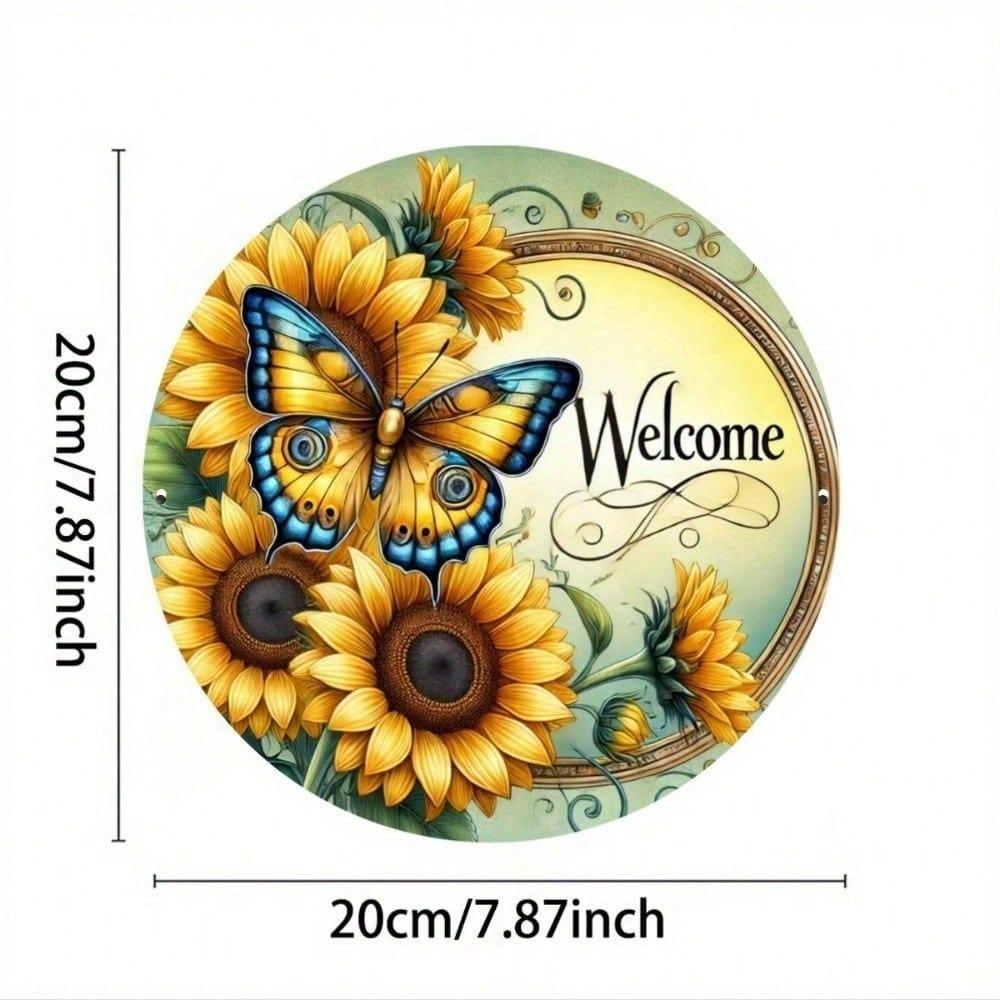 Vintage Sunflower Butterfly Round Tin Sign Wall Decor Home Entryway 8x8 Inch