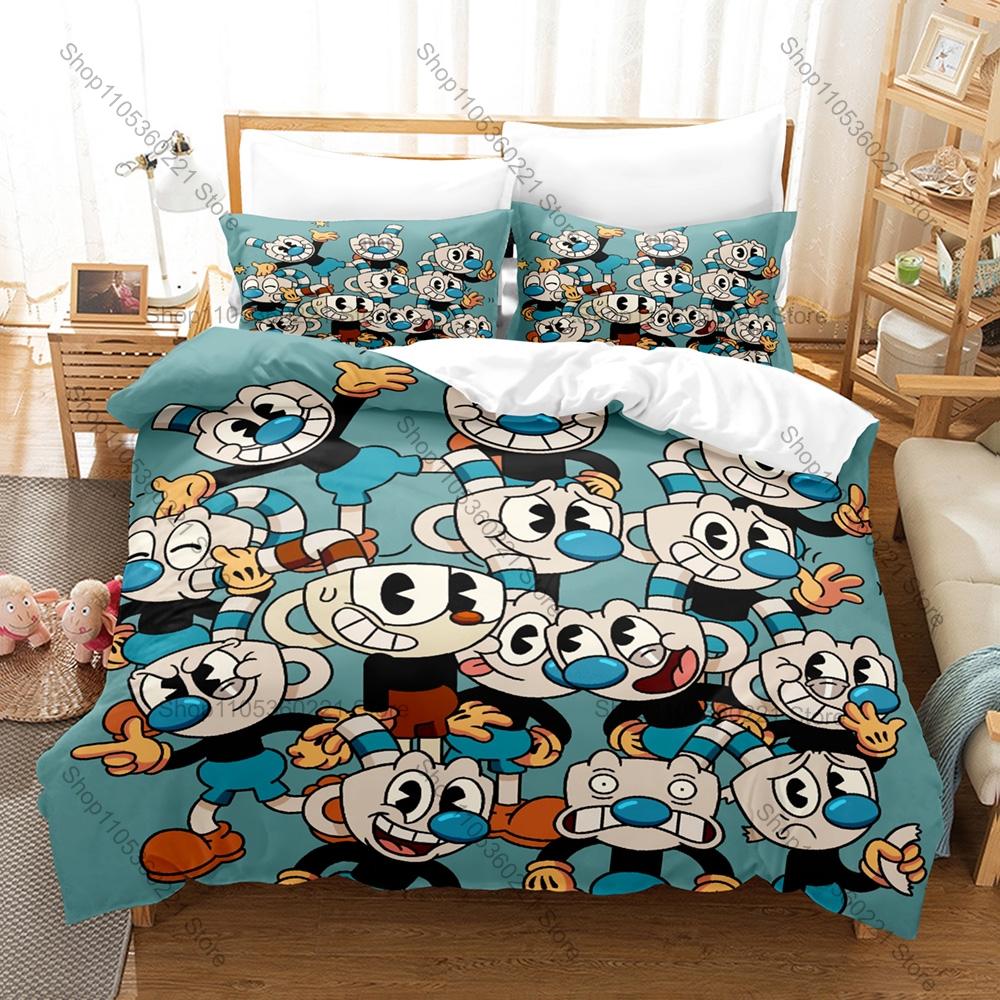 Kawaii Cuphead and Mugman Pattern Bedding Set 3 Piece Duvet Cover with Pillowcase for Kids Adults Bedroom Decor