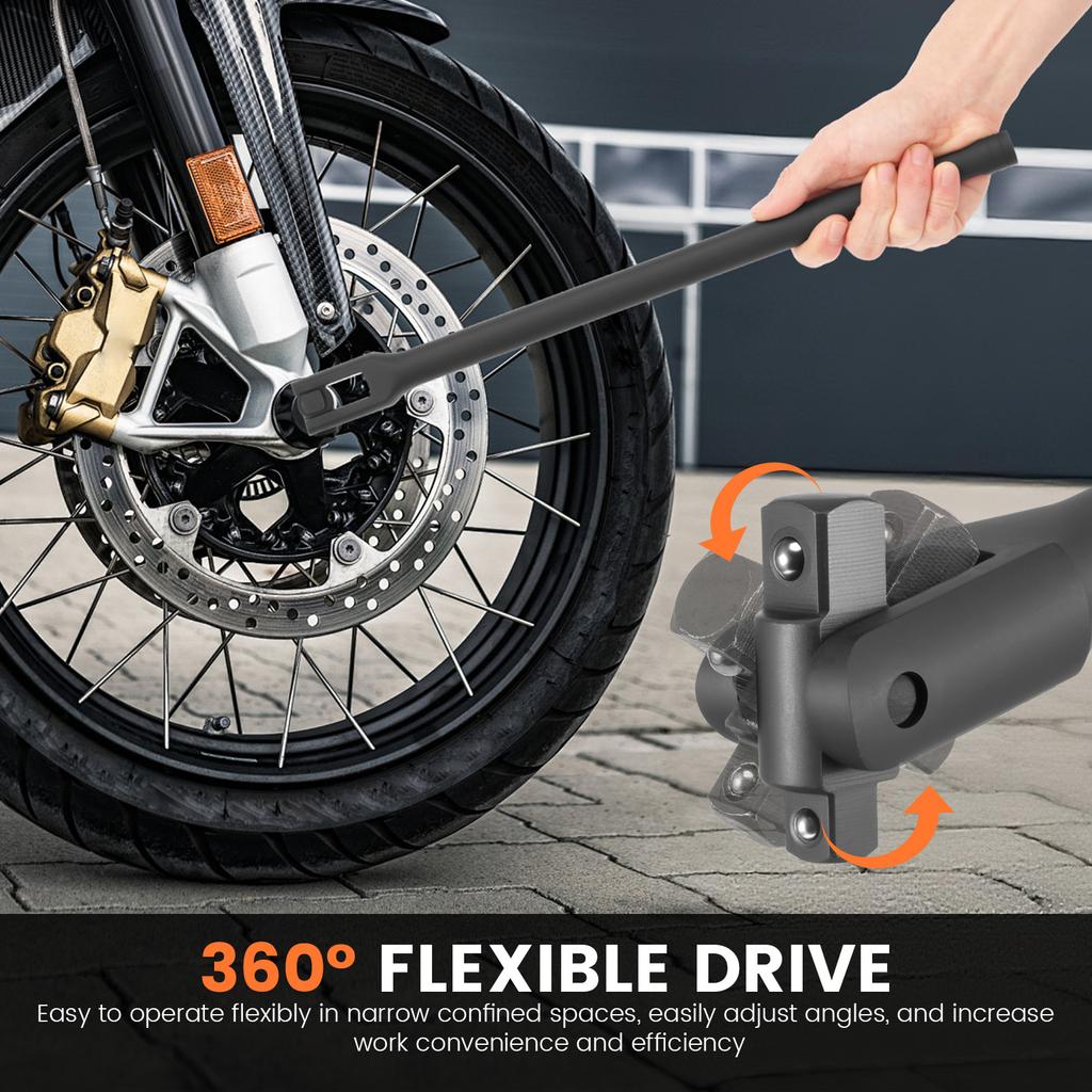 Dual Drive Breaker Bar 3/8 1/2 Inch Drive Breaker Bar Tool with 360° Rotatable Head Spring Load Ball Bearing for Nuts Bolts Car