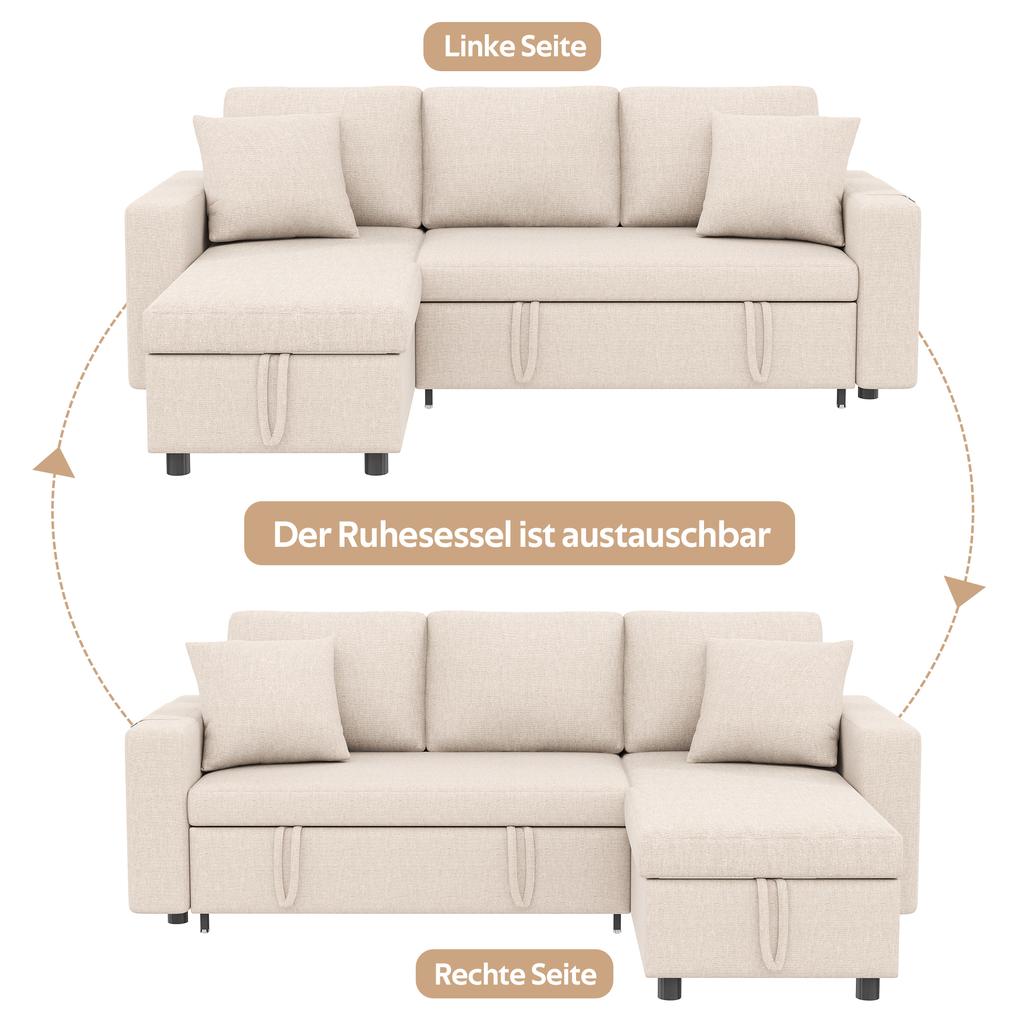 Sofa bed with sleep function, L-shaped sofa, chaise longue with storage space, with pocket storage, left and right interchangeable. Beige.