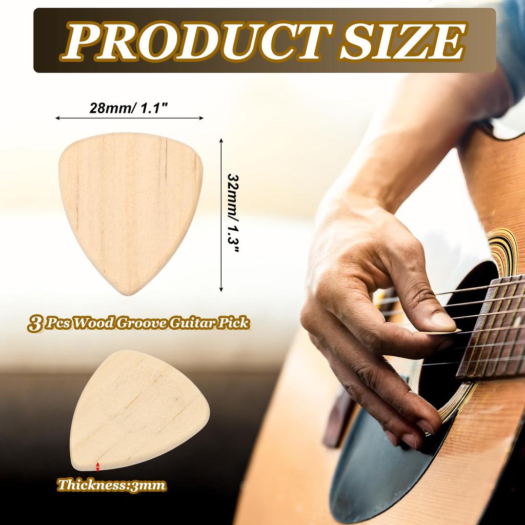Uxcell Wooden Guitar Extra Thick Pine for and Bass Wood Color Picks, 3-Pack, 3.0mm Wood, Grooved, Electric, Acoustic, Guitars,
