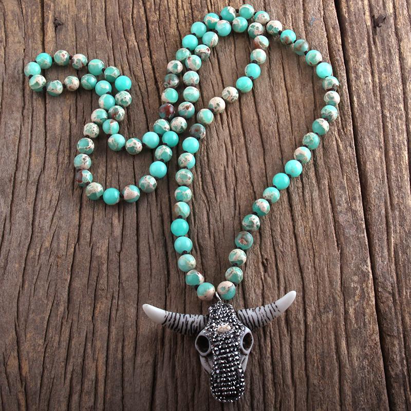 Fashion Boho Jewelry Empire Stones With Bull Head Charm Pendant Handmade Necklace Women Jewelry Gift Dropship