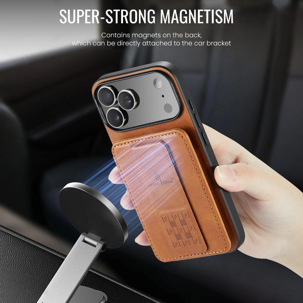 Phone Case for iPhone 18 Pro Max 17 Air 16e 17e 16 Plus 15 Pro 14 13 12 11 WristBand Card Holder Bracket Magnetic Leather Cover