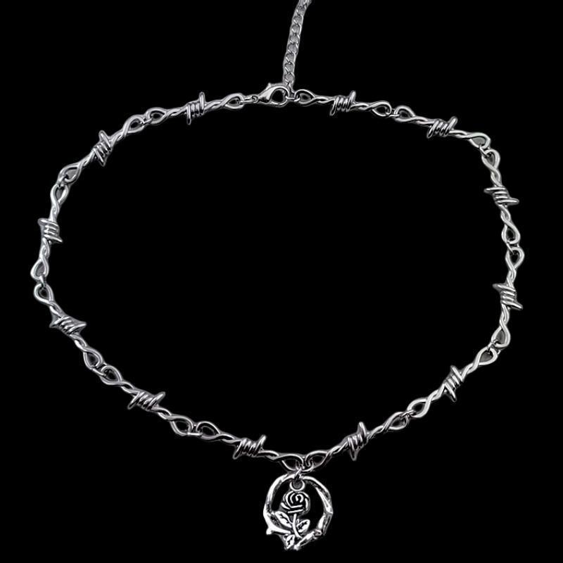 Gothic Thorn Vine Rose Pendant Necklace - Y2K Medieval Alternative