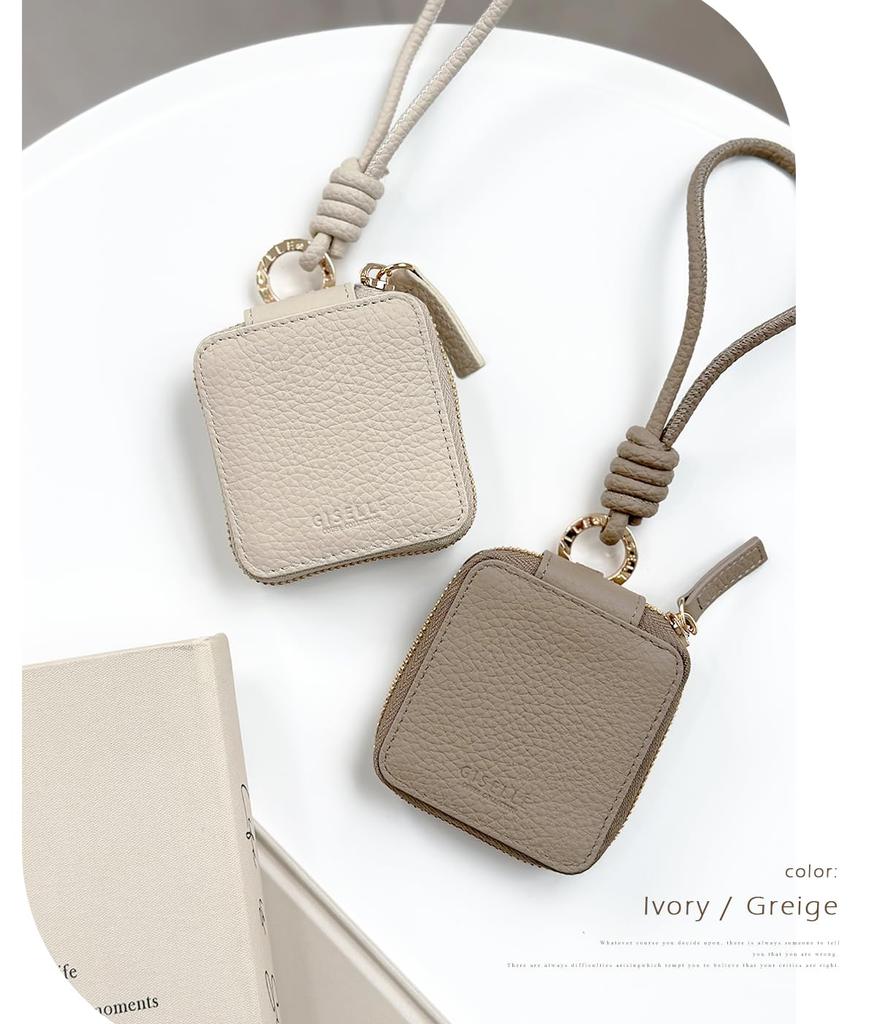 Genuine Leather Mini Pouch with Mirror, Key Case, Smart Key, Card Holder, Hand Strap, Carabiner, Round Zipper, for Men and Women (Grey Beige)