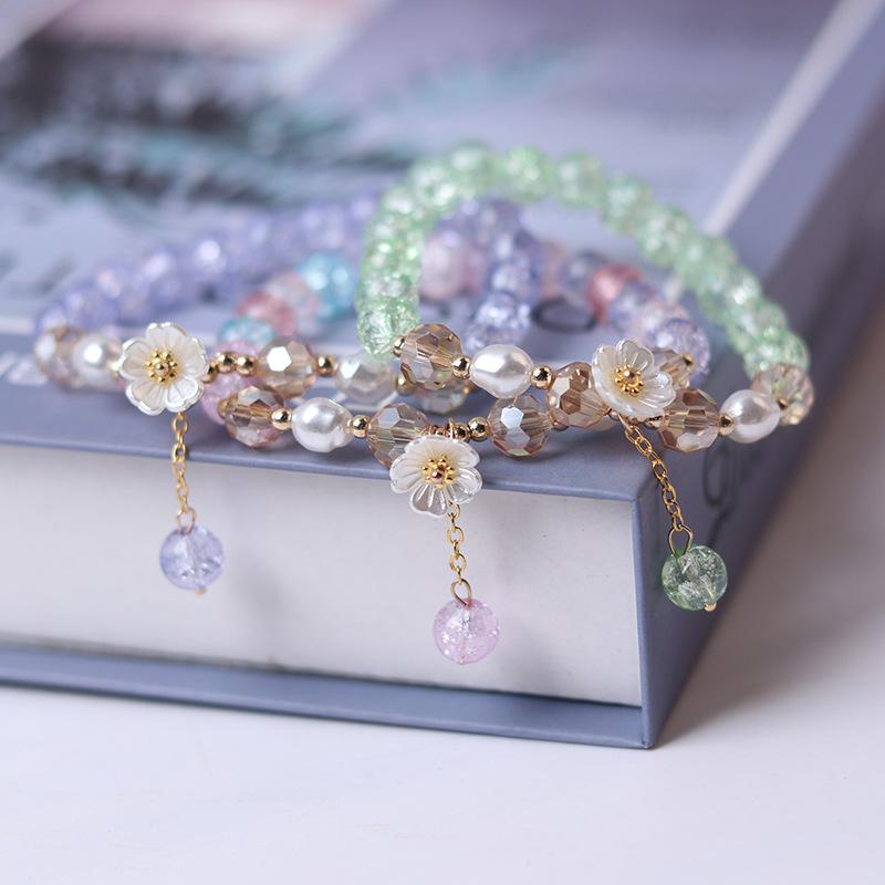 Fashion Flower Imitation Pearl Crystal Bracelet Women Boho Colorful Beads Elastic Adjustable Bracelet Friendship Jewelry Gift