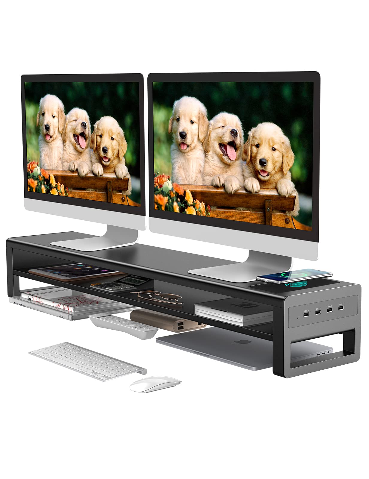 STARSIKI Подставка для двух мониторов, 2-ярусная, передача данных USB 3.0, подставка для компьютера, зарядка, металлическая настольная подставка для мониторов, ПК, ноутбуков или двух компьютеров