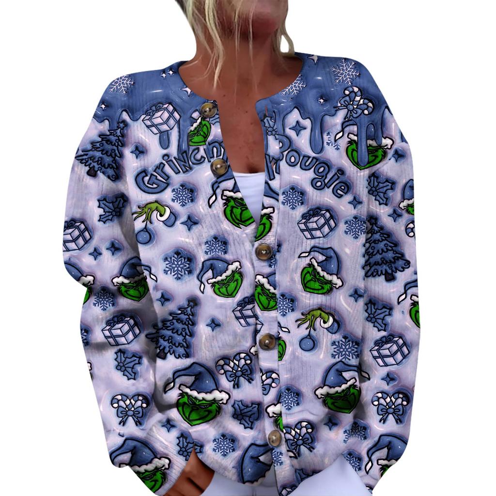 Women's Fashion Christmas Printed Long Sleeve Knitted Cardigan Button Down Jacket