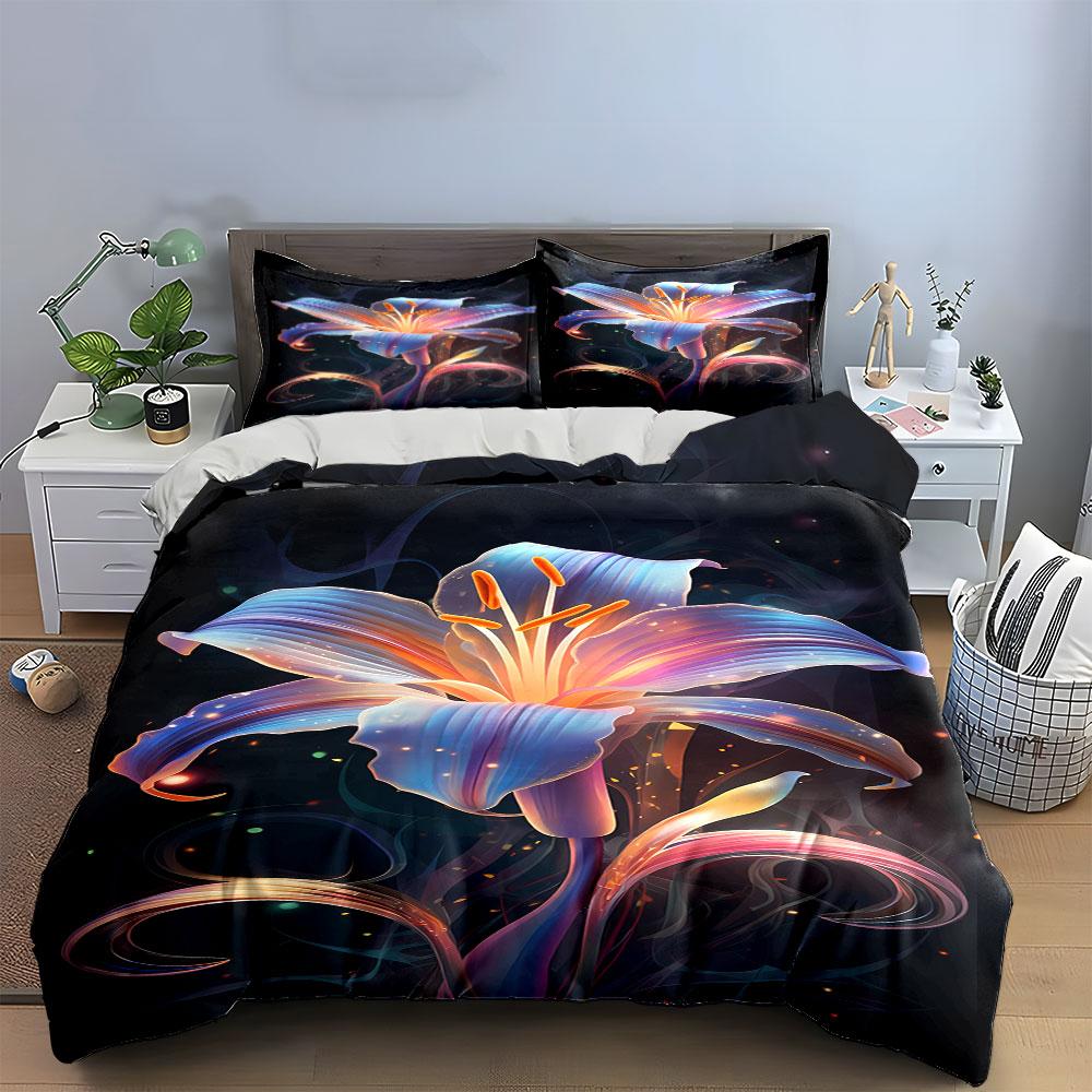 Colorful glowing lily flower. Bedding sets Duvet cover sets Duvet covers Pillowcases(1*Duvet Cover 2*Pillowcases without duvet insert)