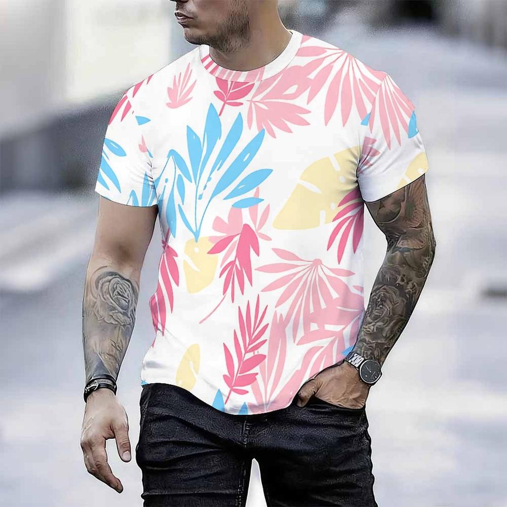 Women Short Sleeve Crew Neck T Shirt White Pink Blue Yellow Tropical Palm Leaf Print Top