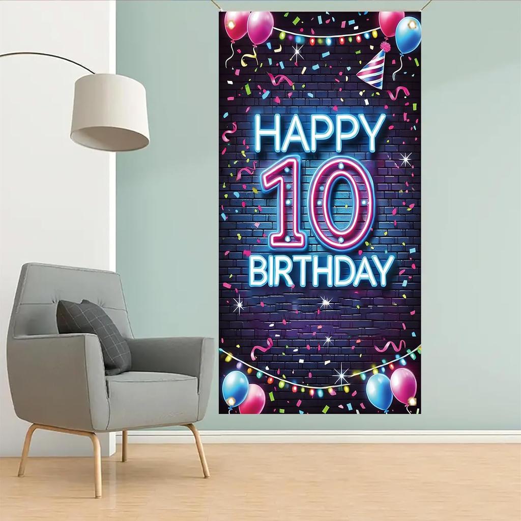 10th Birthday Door Cover Neon Party Decoration Colorful Balloon Gift Banner for Kids Teen Celebration Entrance Boys Girls Photo Booth Backdrop