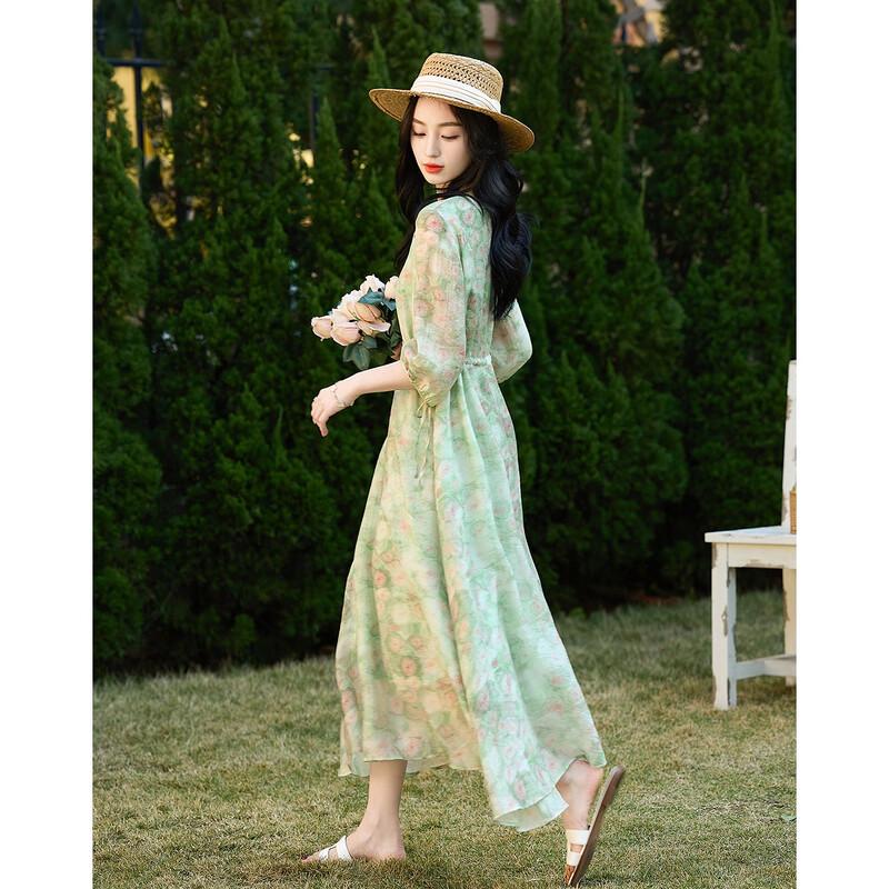 Demana Monet Garden Printed V-Neck A-Line Midi Dress