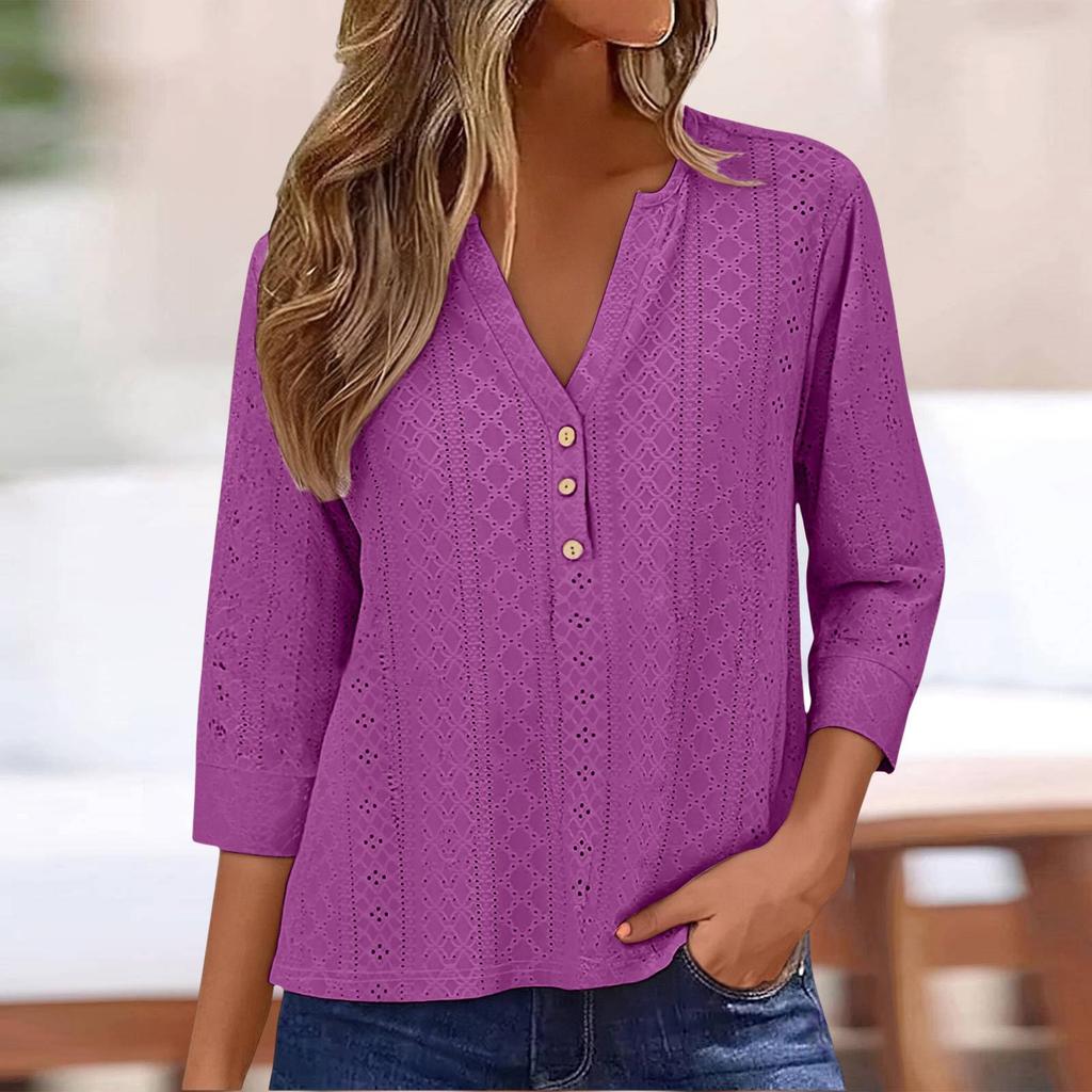 Blouse Femme Boutonnée Col en V Manches Courtes Hauts