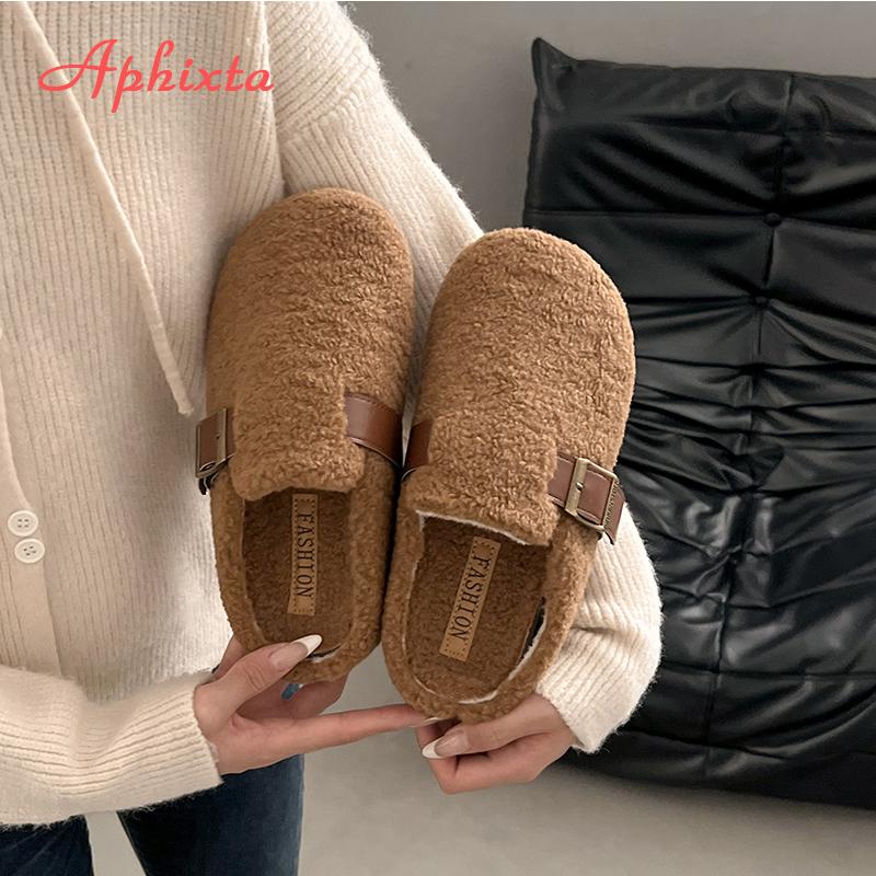 Fashion Aphixta Rose Red Cotton Warm Winter Slippers Fashion Buckle Belt Platform Slippers for Women 2024 Winter Plush Warm Cotton Shoe