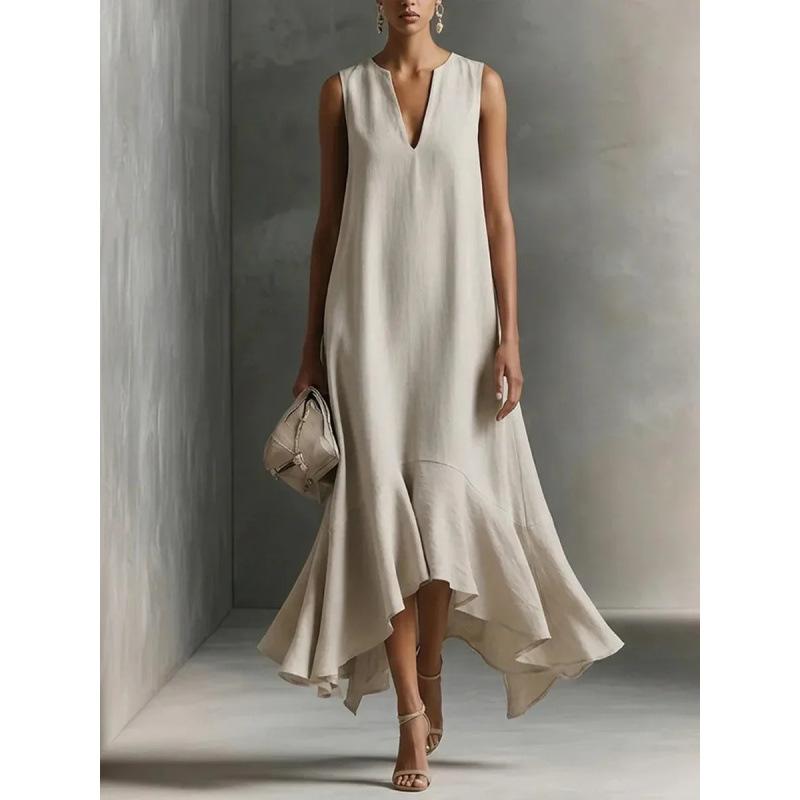 European and American women's clothing, sleeveless solid color collar, irregular hem, dress, long dress.