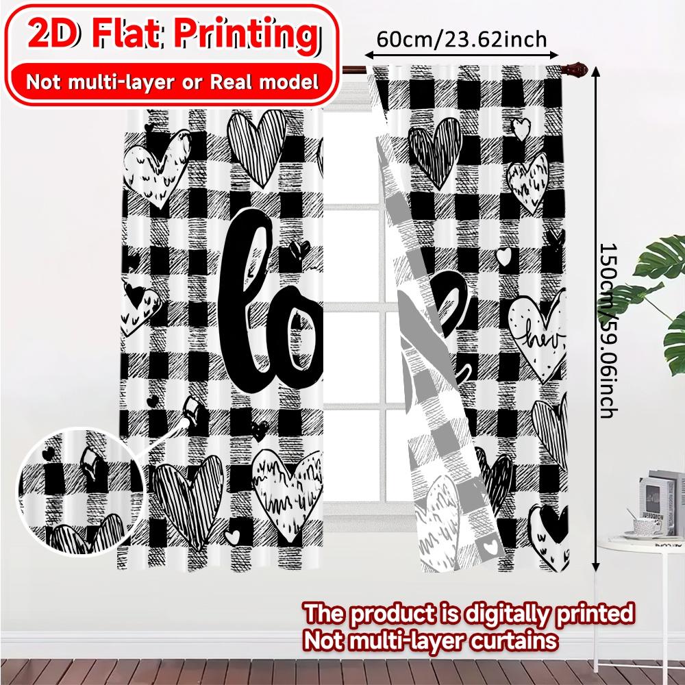 Set Of 2 Flat Printing Love Checkered Popular Curtains Drapes Versatile Fabric Thermal Insulation Curtain Blackout Polyester