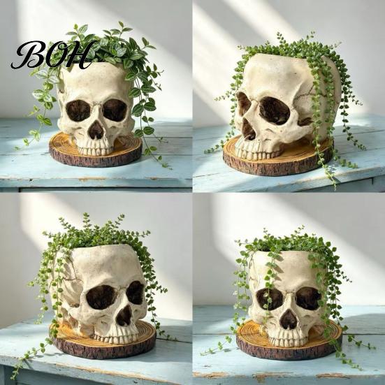 Skull Themed Art Halloween Retro Planter, Spooky Gothic Human Head Flower Pot, Indoor Potted Plant Pot Skeleton Candy Bowl Decoration for Tabletop