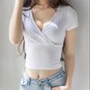 Women's Solid Color V-Neck Summer T-Shirt Sexy Cropped Casual TopStretchy Slim Fit Short Sleeve Blouse for Streetwear & Daily Outfits