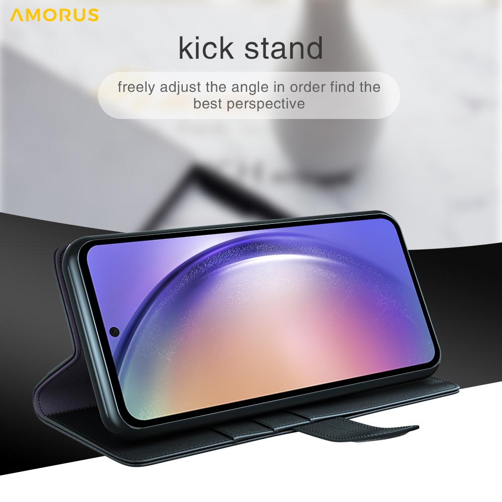 AMORUS For Samsung Galaxy A55 5G Stand Cases Calf Texture Genuine Split Leather Wallet Phone Cover