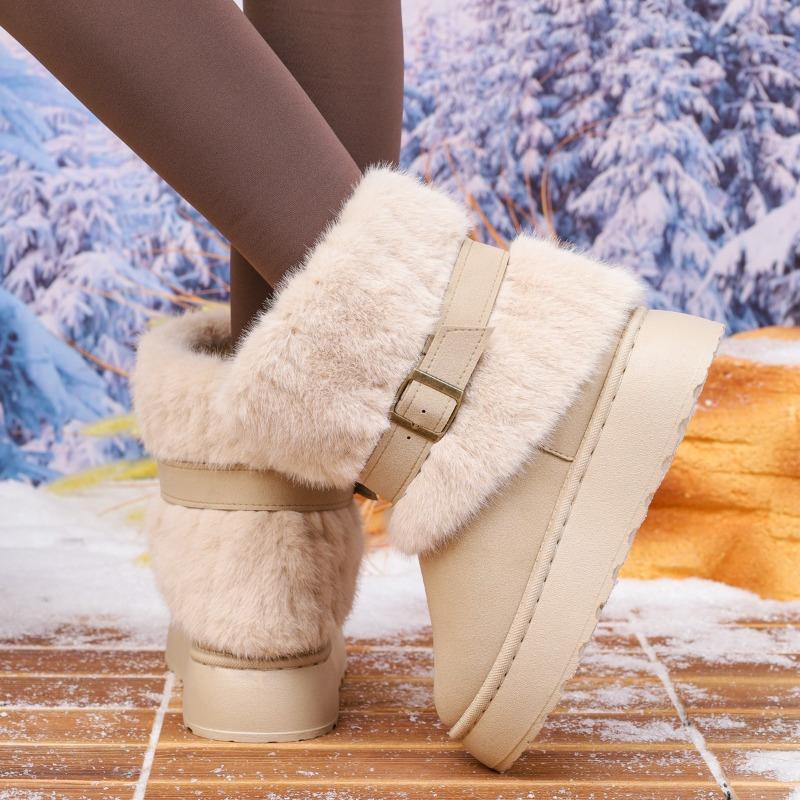 2026 Winter New Short Plush Thick-soled Women's Snow Boots Metal Belt Buckle Ankle Boots Fluffy Furry Women's Cotton Shoes
