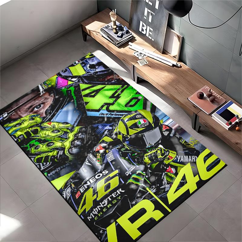 Sports Area Rug, Valentino Rossi 46 VR46 Monster Energy Neon Green Helmet Bike Print, Garage Decor, Non-Slip Mat