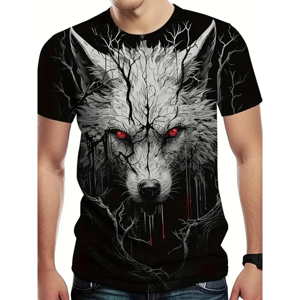 Men 3D Pattern Fire Wolf Graphic Print T-Shirt Summer Oversized Causal T-Shiet Men's Fashion Fitness Short Sleeve Clothing Tops