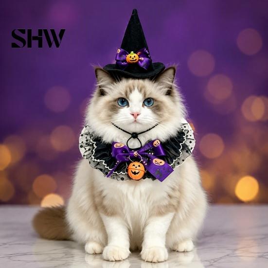Halloween Costume for Small Pets 1 Set Cat Costume, Wizard Hat And Lace Bandana, Ruffled Bib Dog with Bow Bell, Holiday Party Outfit Dogs, Cats