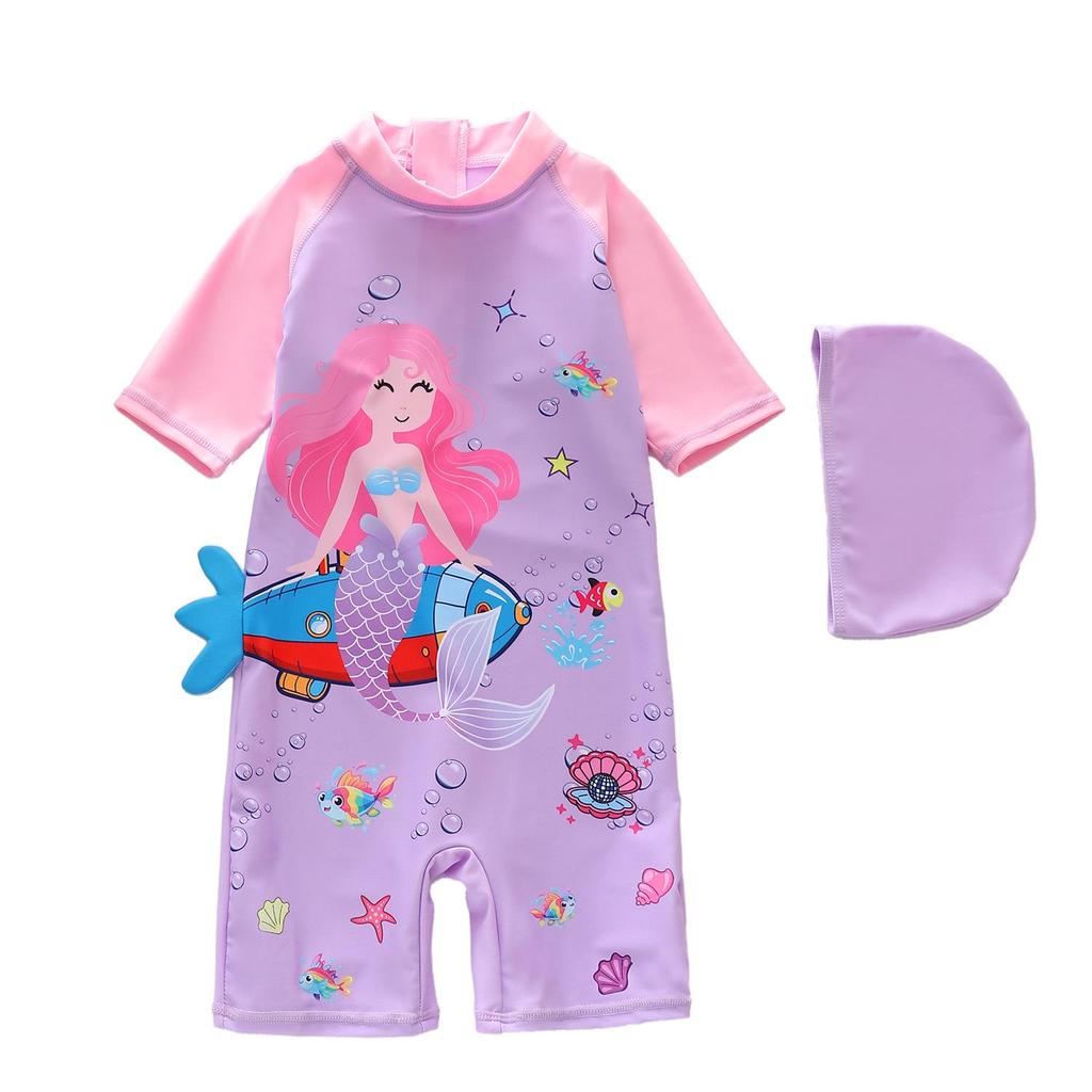 2026 Girls' One-Piece Swimsuit: Cute, Sun-Protective, Short Sleeves, Shorts for Surfing & Pool Activities