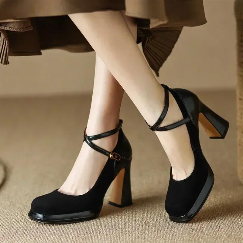 Shoes for Men Faux Suede Sexy Pumps Ladies Vintage Black Sandals Woman Office Buckle Non-Slip Casual Wedding Shoes Bride Heels