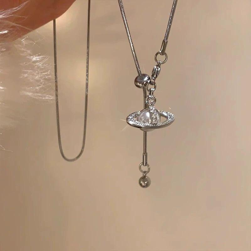 Pearl Planet Pendant, Fringed Sweater Chain, Women's High-end Sense, Unique Long Pull-out Neck Chain, High-end Necklace.