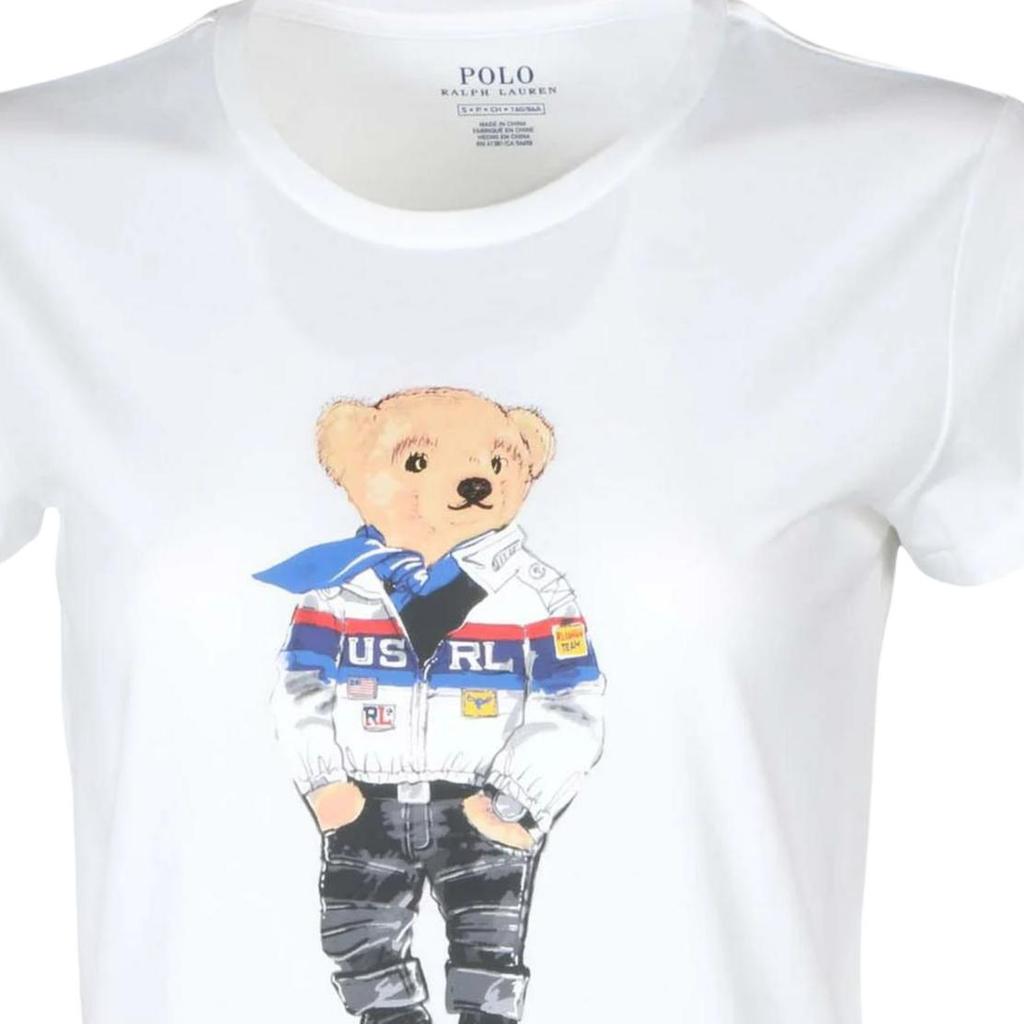 T-shirt da donna a maniche corte con girocollo e grafica dell'orso Polo Ralph Lauren Cotone Bianco 211763368-001